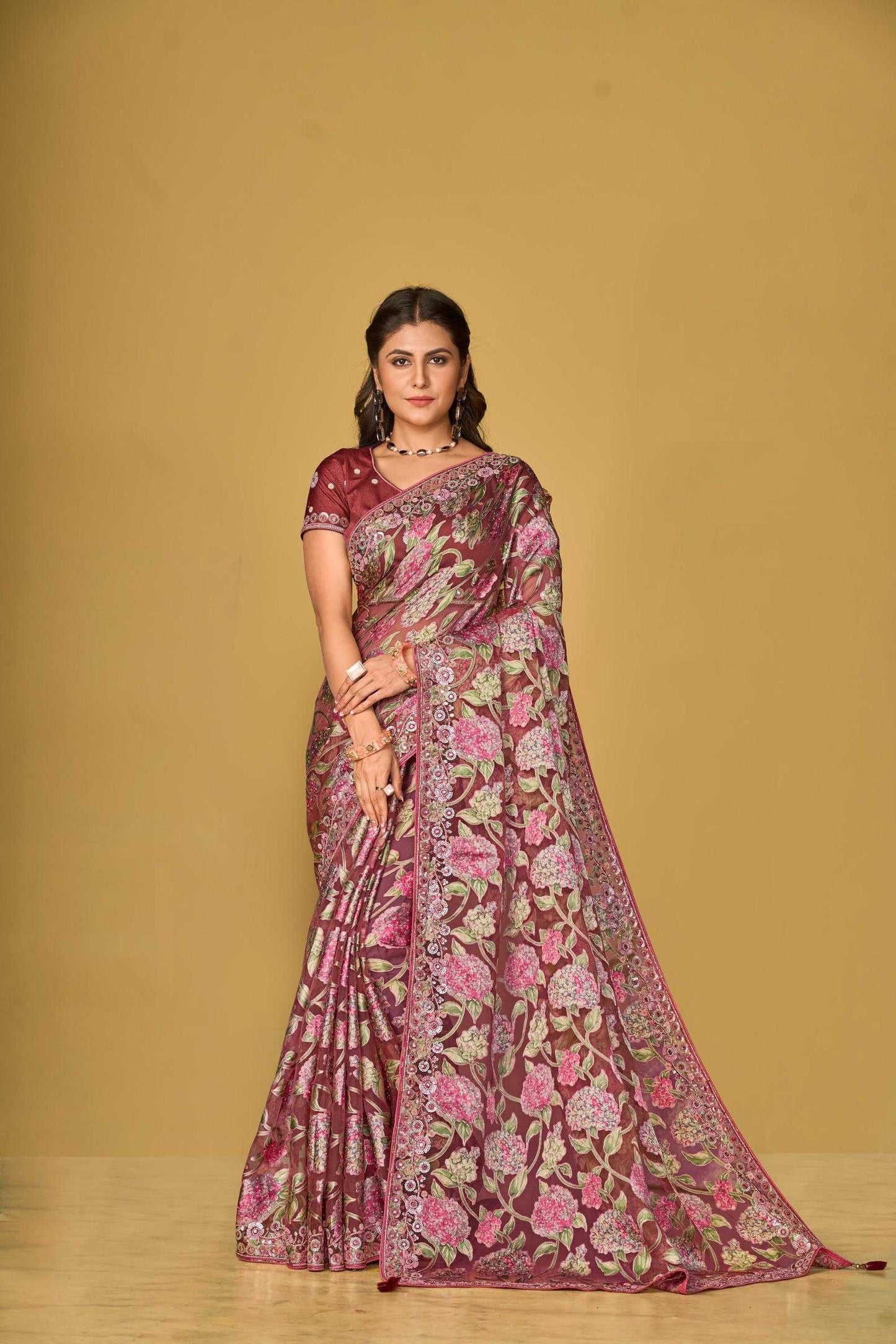 Organza Printed Embroidered Sarees