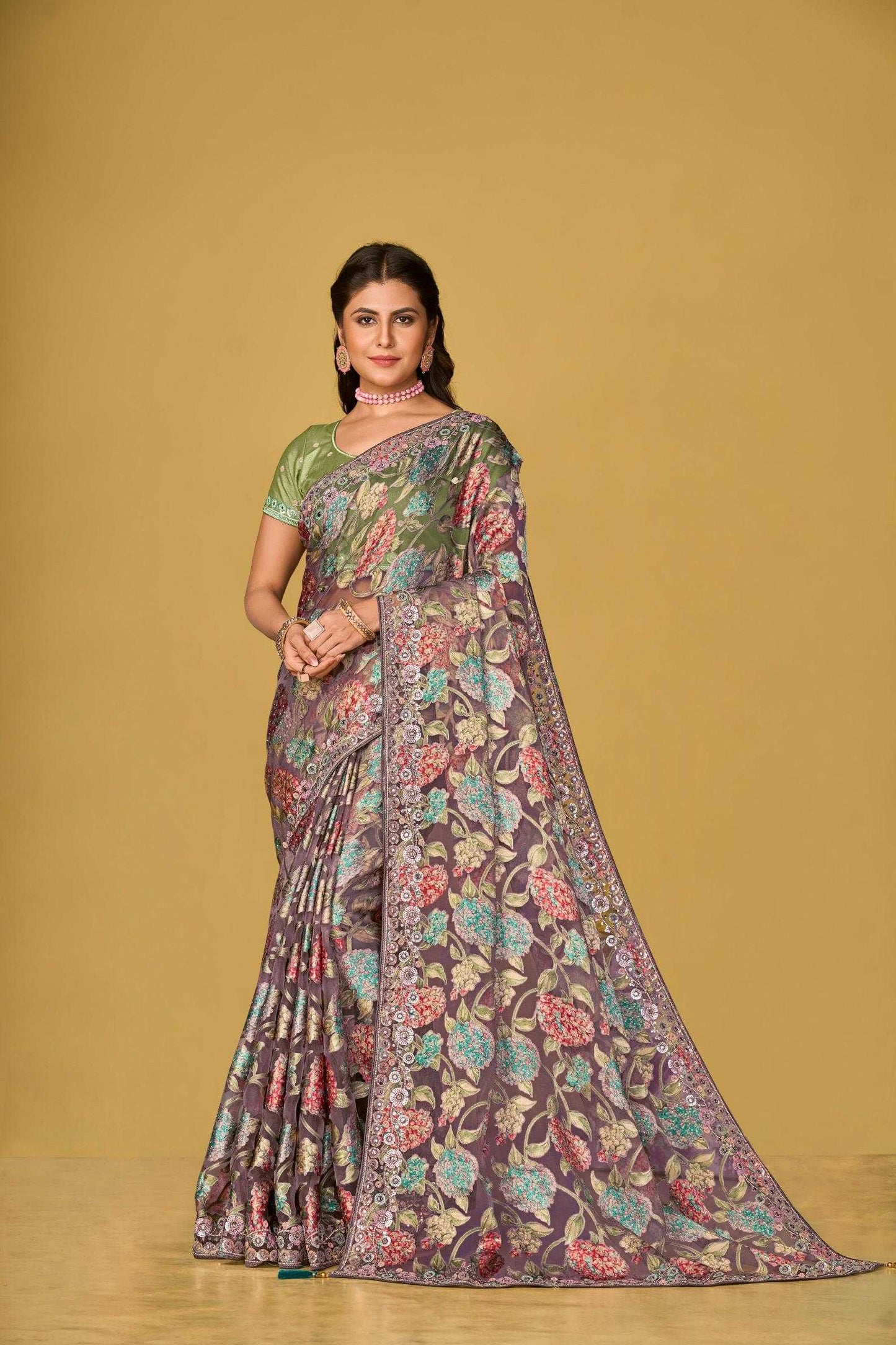 Organza Printed Embroidered Sarees