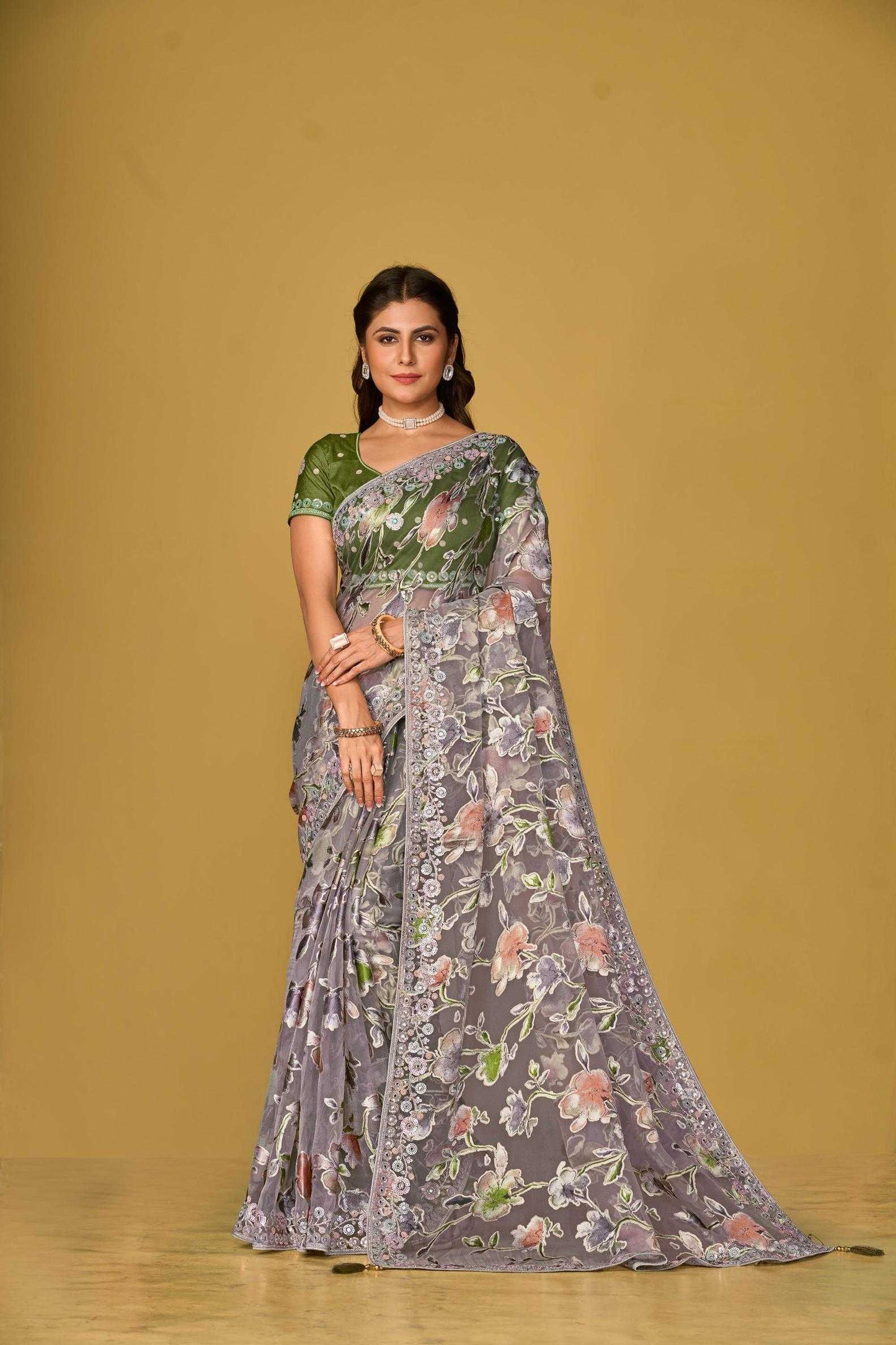 Organza Printed Embroidered Sarees