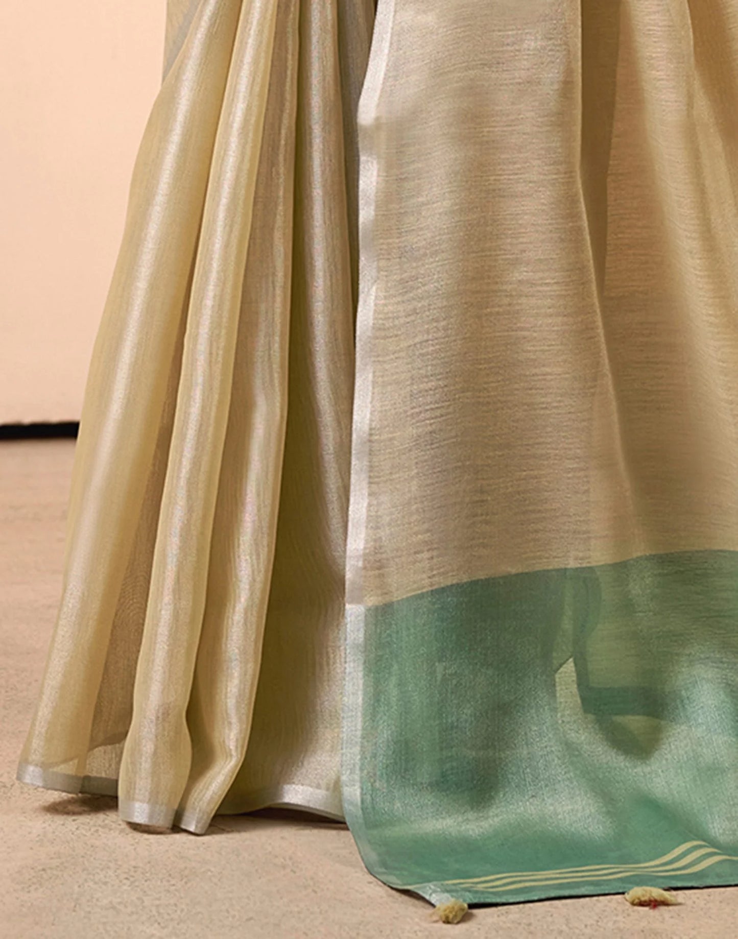 Beige Tissue Silk Saree with Mint Green Border