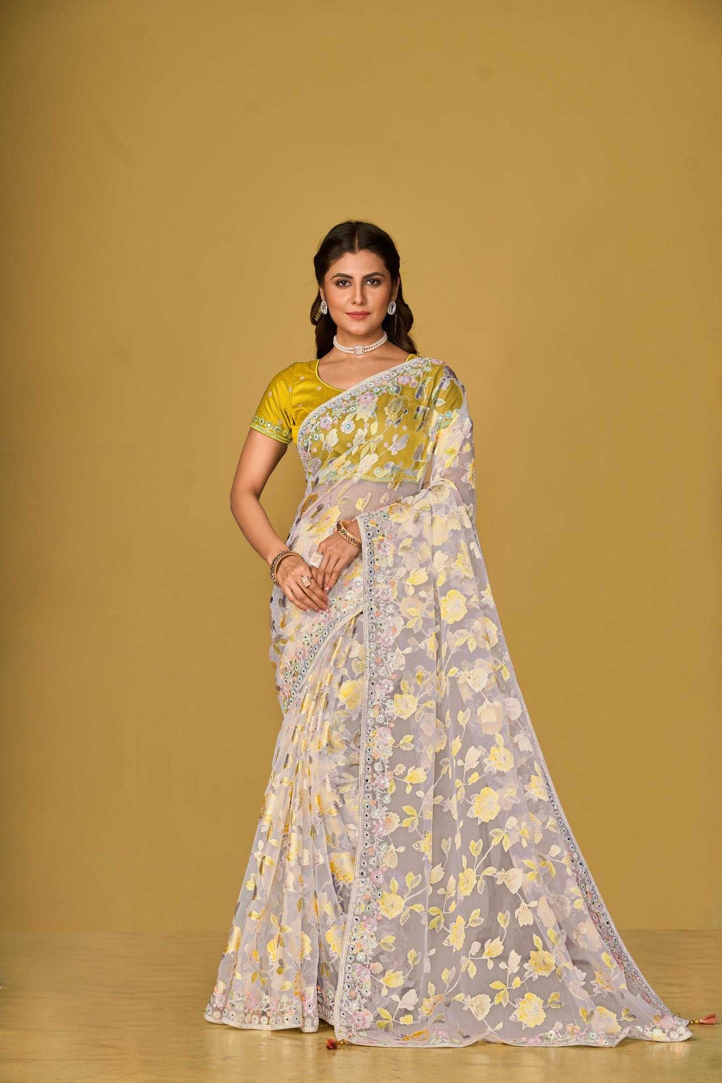 Organza Printed Embroidered Sarees