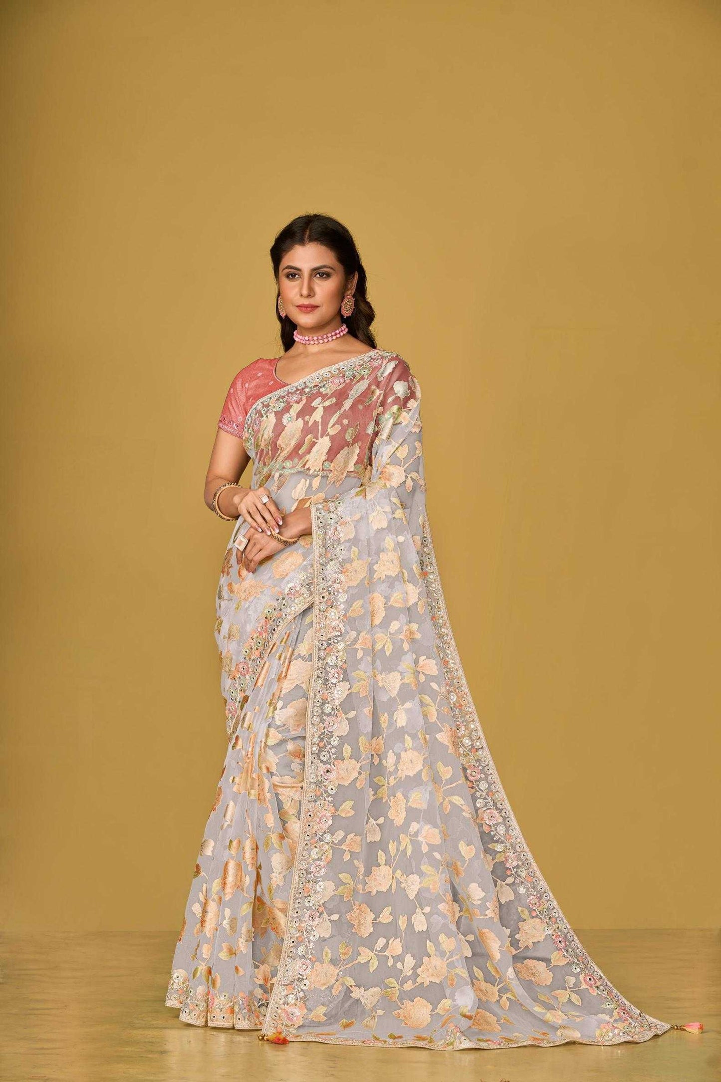 Organza Printed Embroidered Sarees