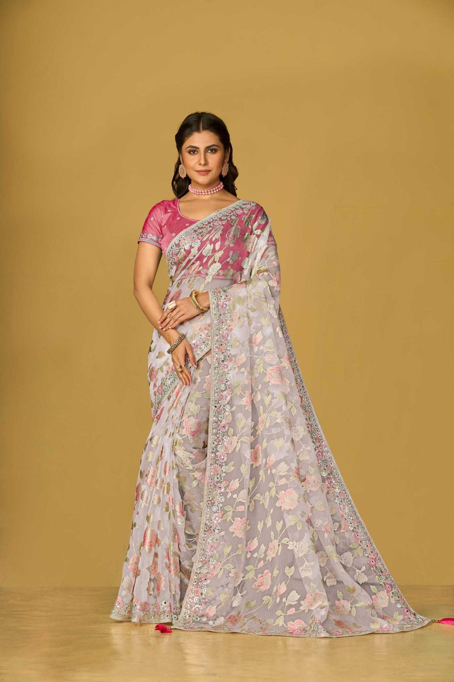 Organza Printed Embroidered Sarees