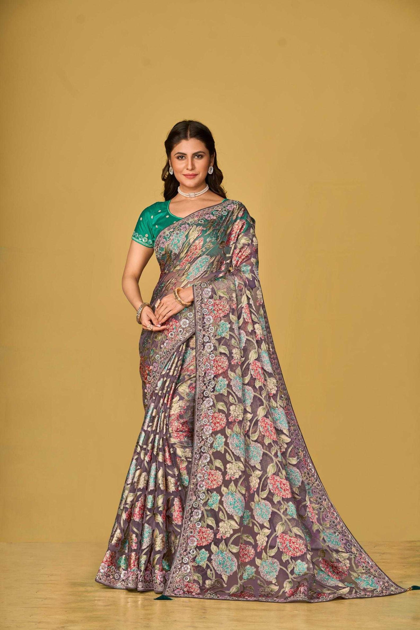 Organza Printed Embroidered Sarees