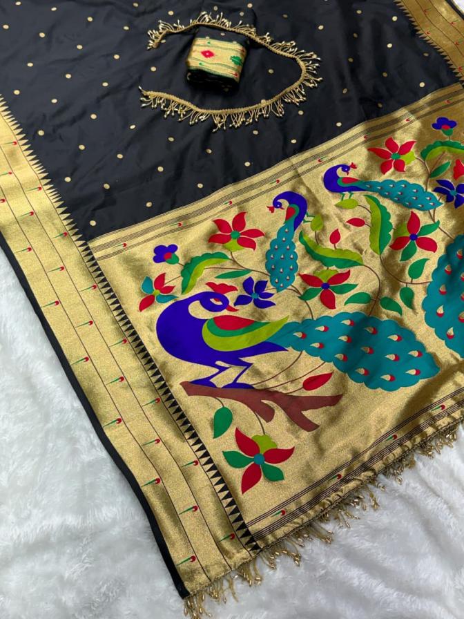 Black Silk Blend Saree with Golden Zari Border & Traditional Motif Pallu