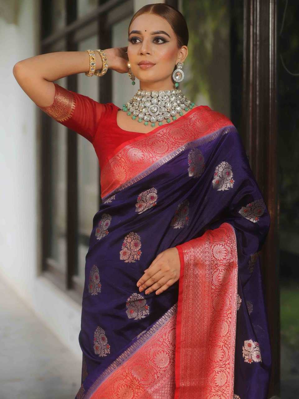Banarasi Soft Silk Saree Blue with Red border With Blouse