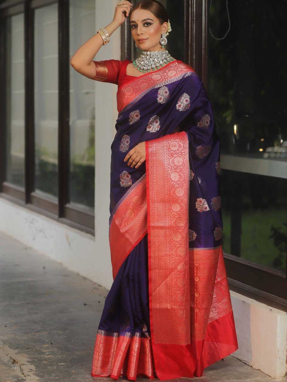 Banarasi Soft Silk Saree Blue with Red border With Blouse