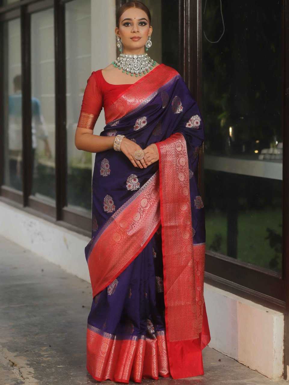 Banarasi Soft Silk Saree Blue with Red border With Blouse