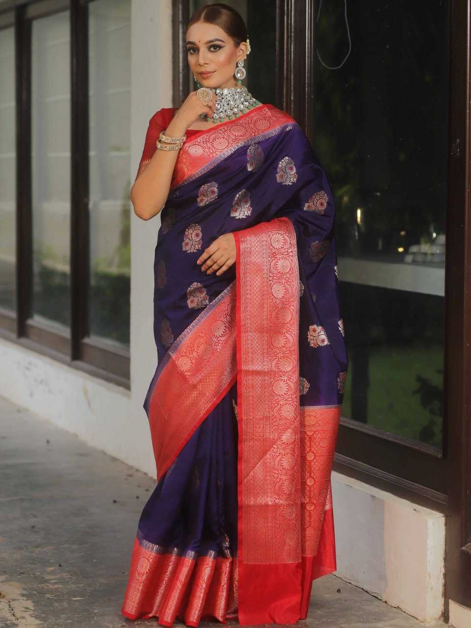 Banarasi Soft Silk Saree Blue with Red border With Blouse
