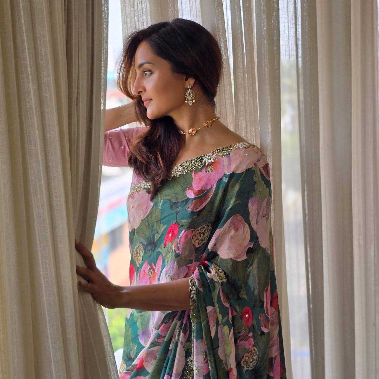 Beautiful Floral Print Tabby Silk Saree by Kritvastra