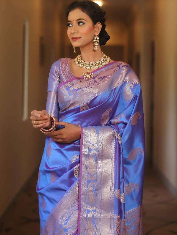 Royal Blue Tissue Silk Saree with Silver Zari Weaving & Grand Pallu