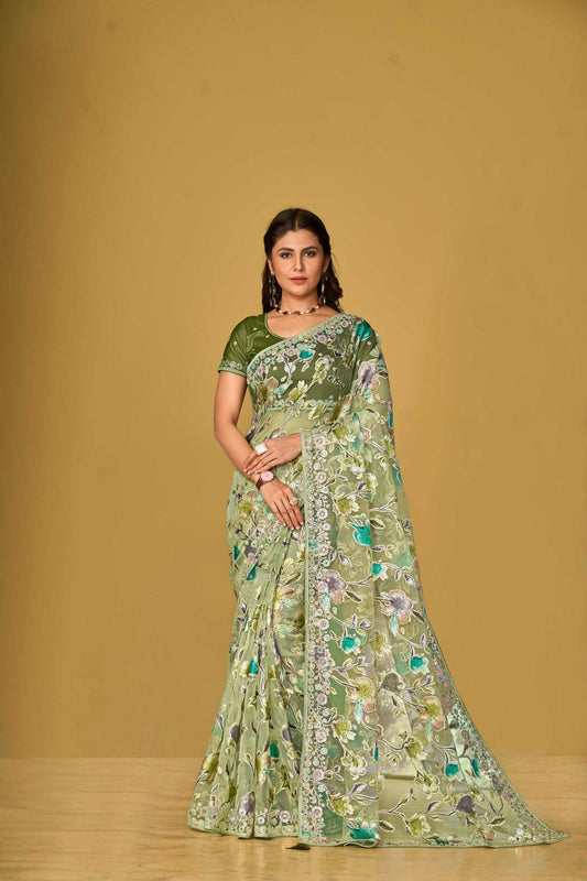 Organza Printed Embroidered Sarees