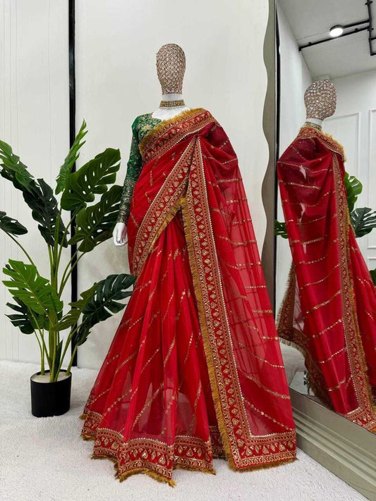 SEQUENCE ORGANZA EMBROIDERED RED JANHVI KAPOOR SAREES