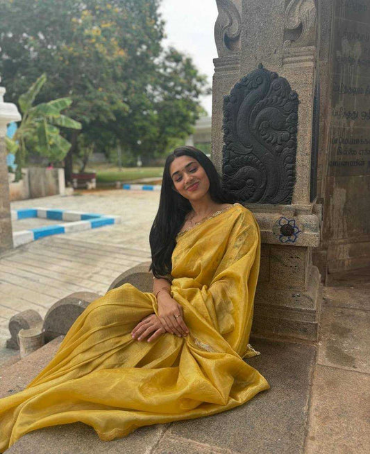 Yellow Glass Crush Tissue Silk Saree