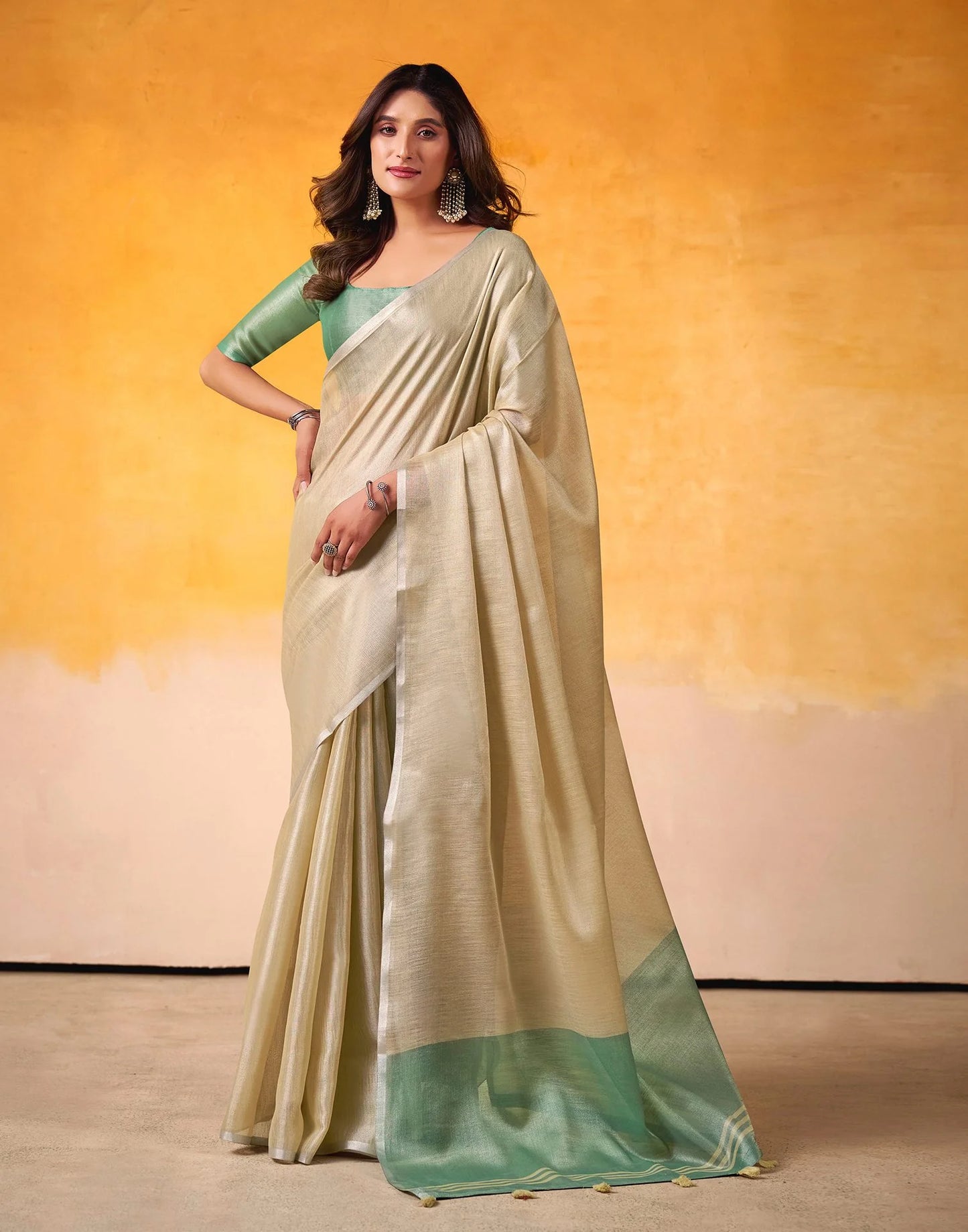Beige Tissue Silk Saree with Mint Green Border