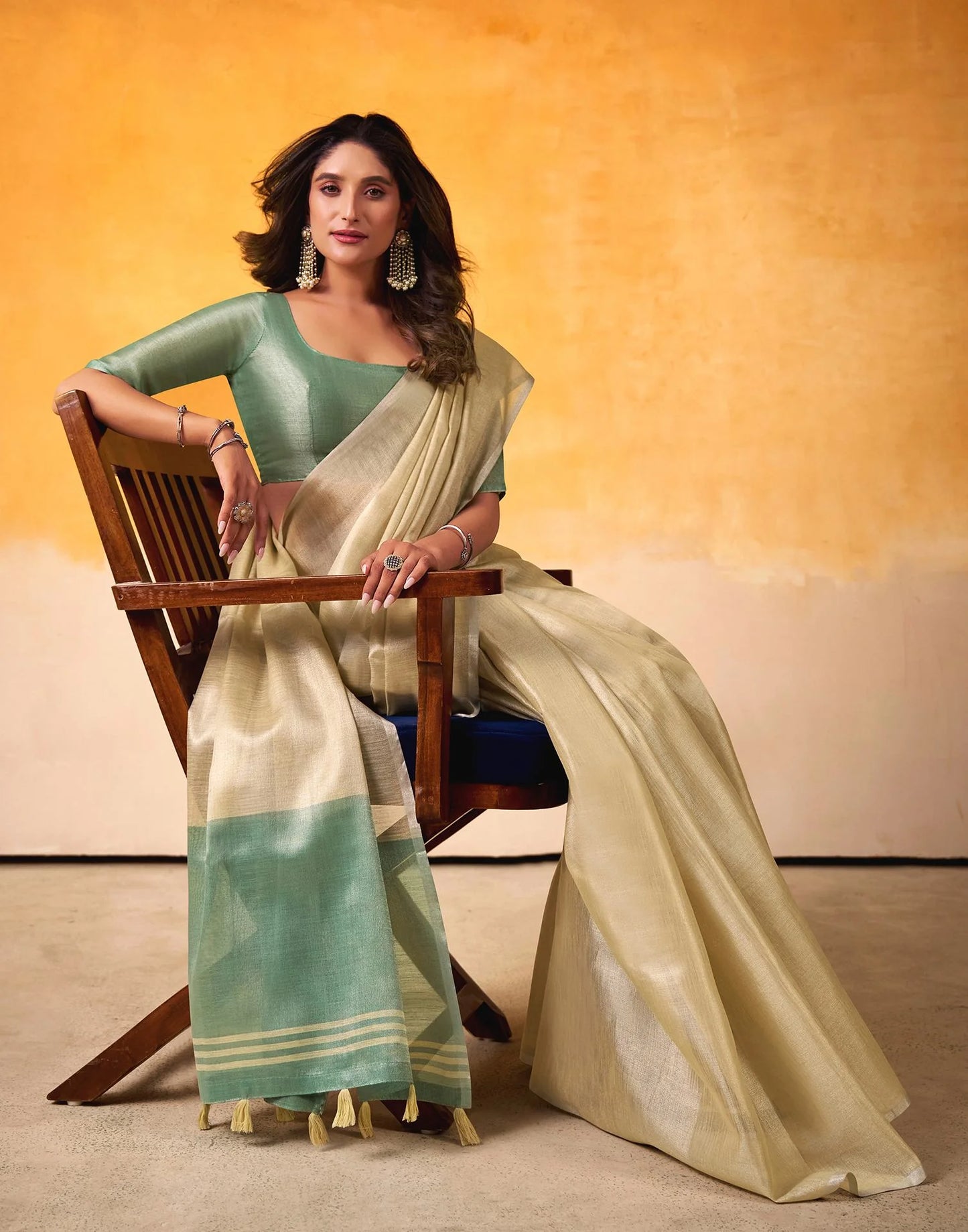 Beige Tissue Silk Saree with Mint Green Border