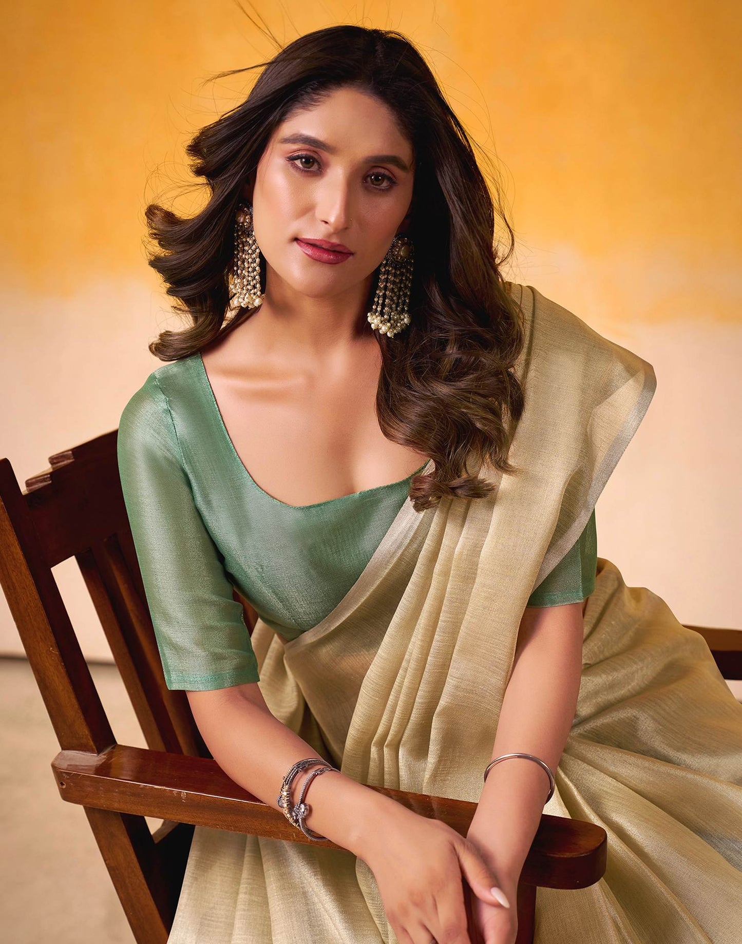 Beige Tissue Silk Saree with Mint Green Border