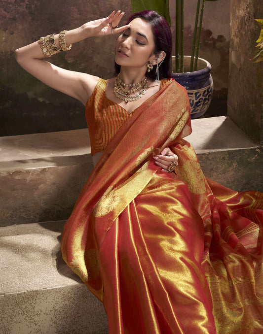 Orange Zari Silk Saree with Golden Weaving Work