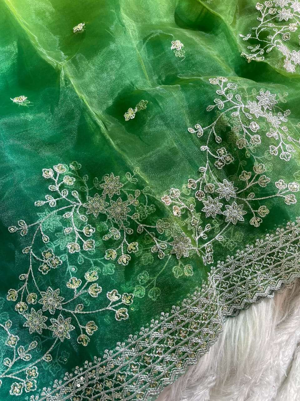 Elegant Green & Teal Organza Silk Saree with Silver Thread Embroidery & Sequin Work