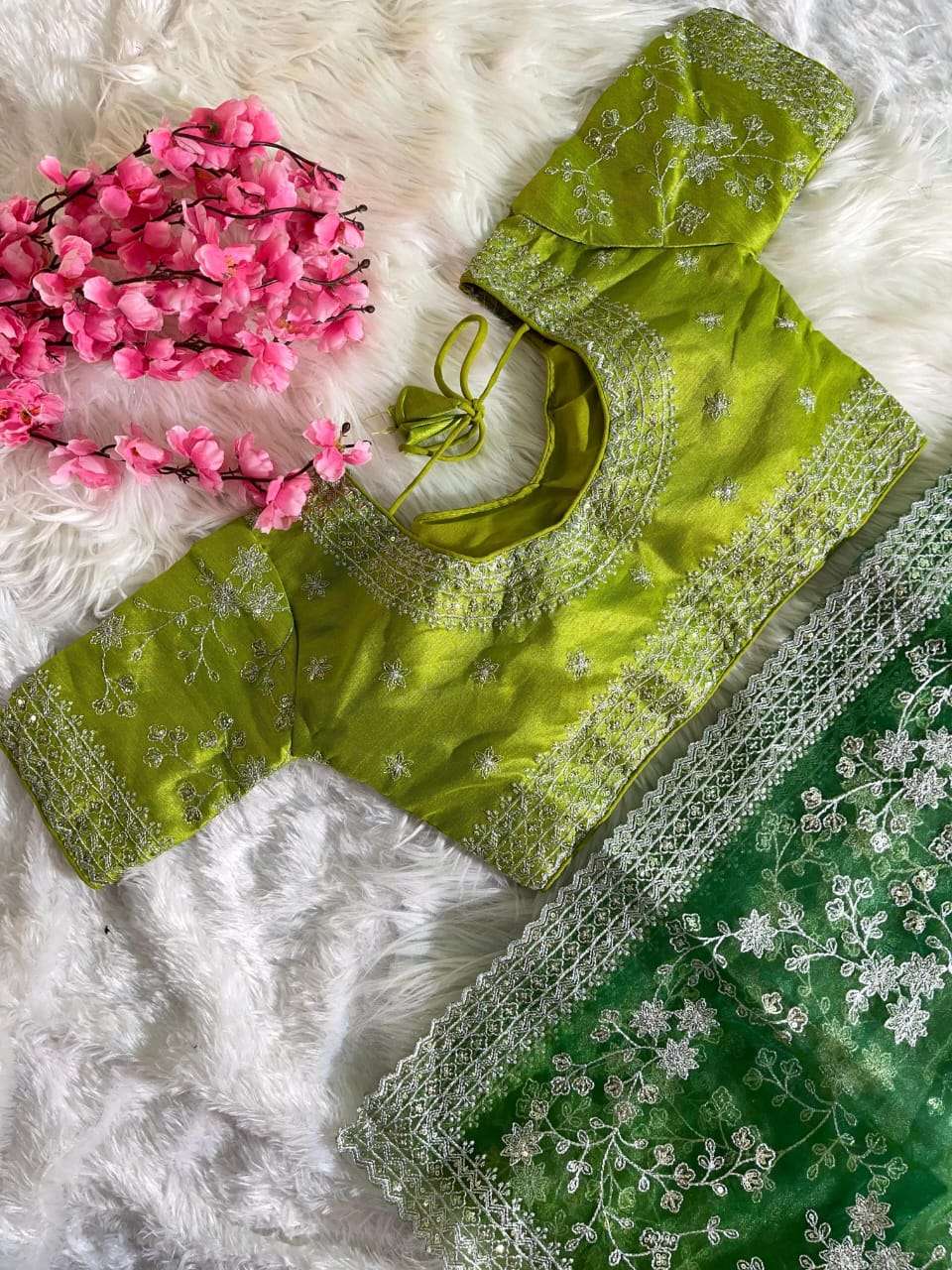 Elegant Green & Teal Organza Silk Saree with Silver Thread Embroidery & Sequin Work