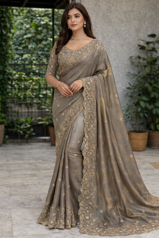 Smoky Grey Silk Blend Saree with Heavy Embroidered Border & Designer Blouse