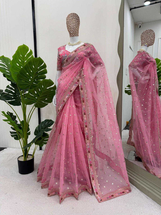 PINK Organza Tissue Silk Embroidered Sarees