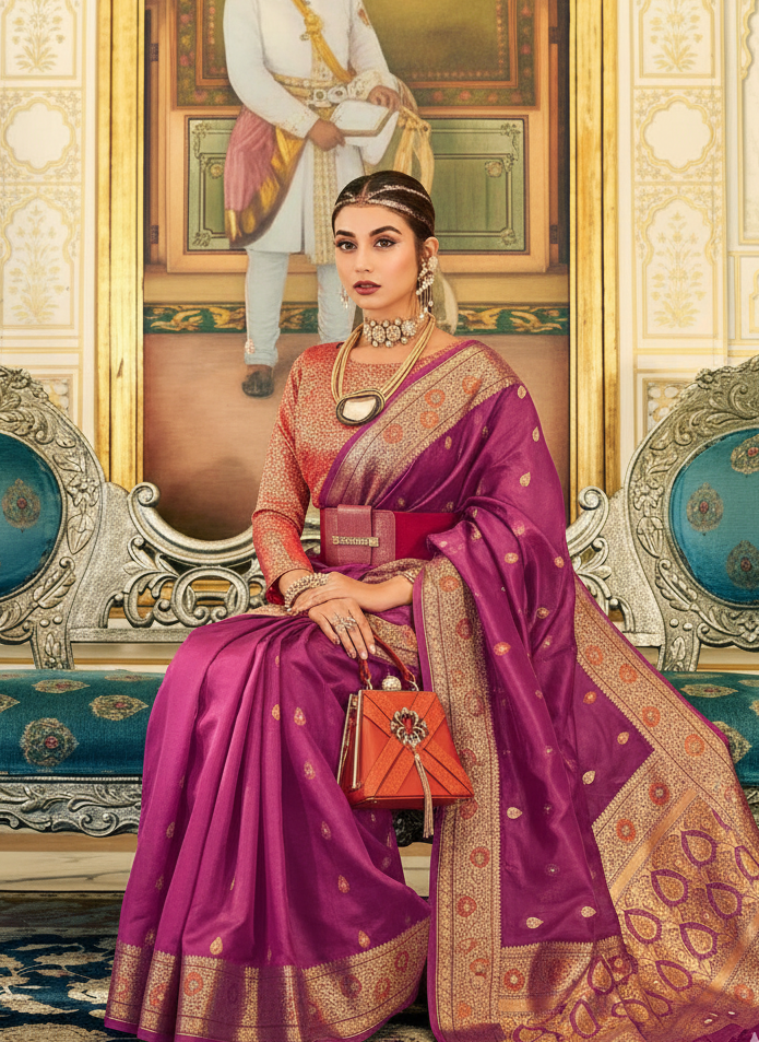 Soft Organza Silk Saree with Copper Zari Weaving | Designer Wedding Party Wear