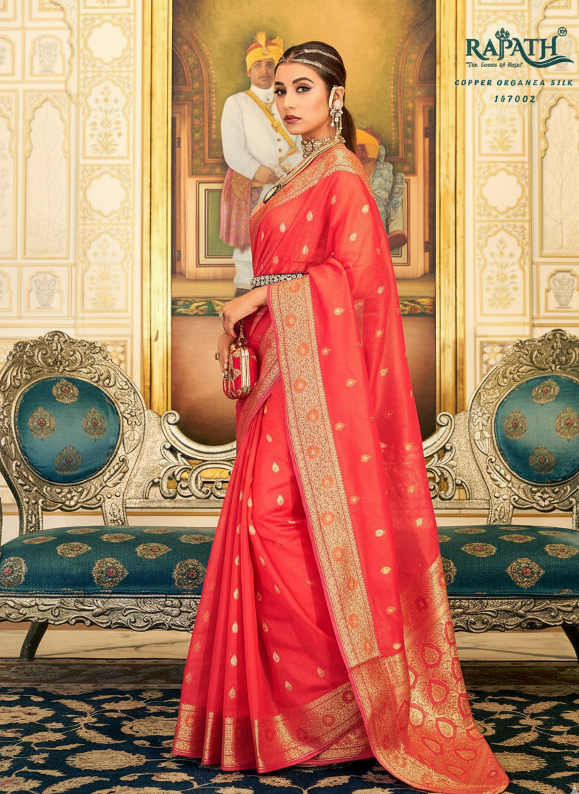 Soft Organza Silk Saree with Copper Zari Weaving | Designer Wedding Party Wear