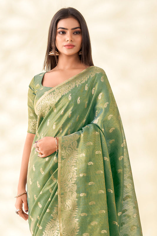 Green Tissue Silk Saree with Golden Zari Weaving – Elegant Festive & Wedding Collection