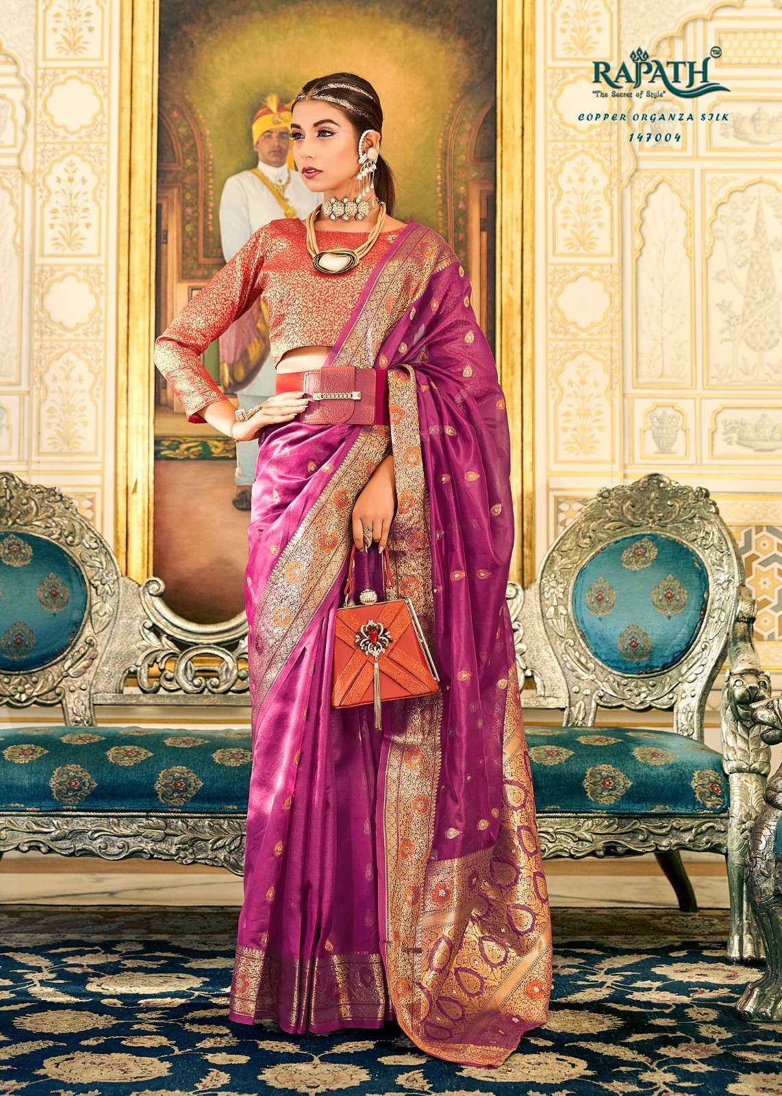 Soft Organza Silk Saree with Copper Zari Weaving | Designer Wedding Party Wear