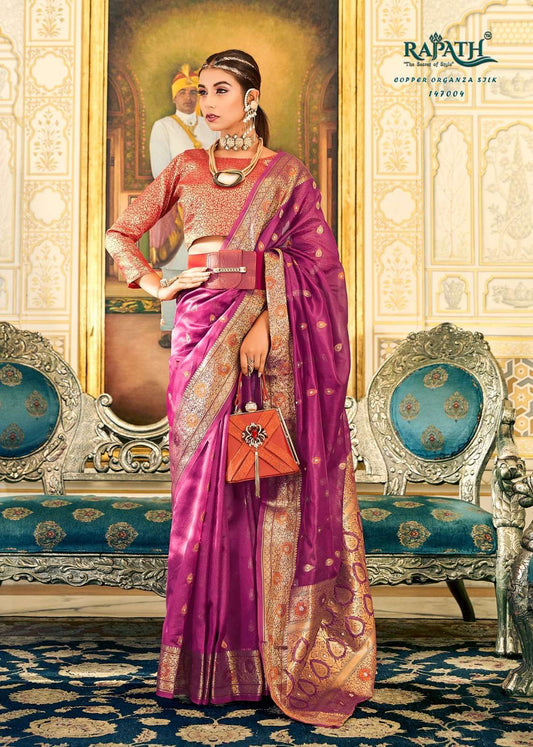 Soft Organza Silk Saree with Copper Zari Weaving | Designer Wedding Party Wear