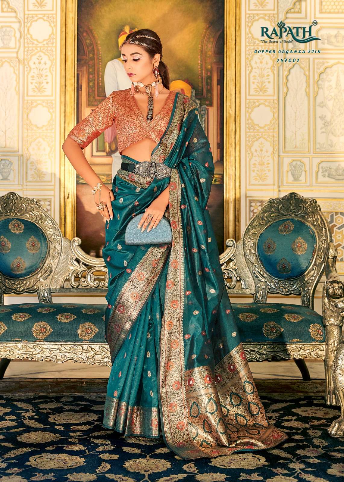 Soft Organza Silk Saree with Copper Zari Weaving | Designer Wedding Party Wear