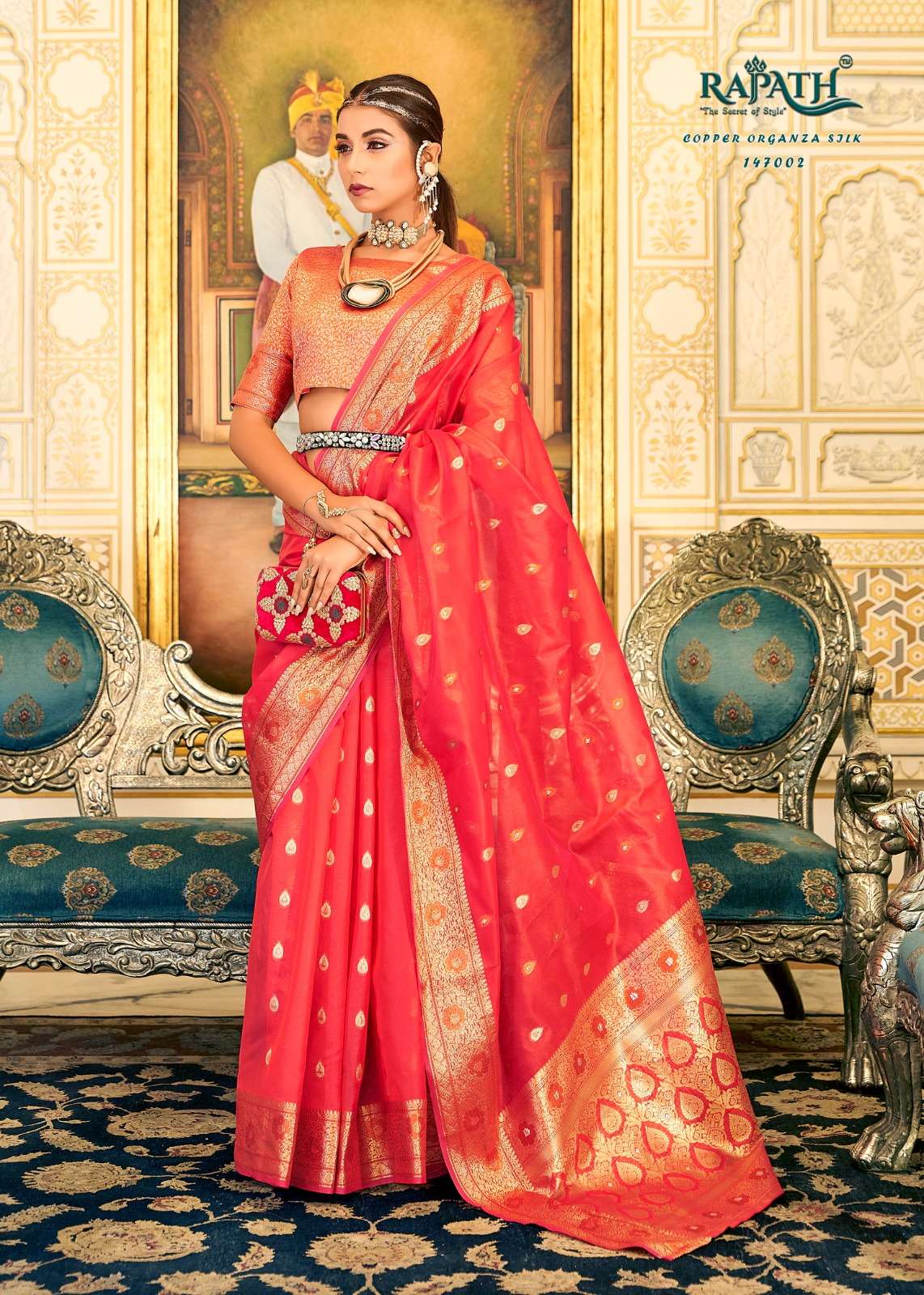 Soft Organza Silk Saree with Copper Zari Weaving | Designer Wedding Party Wear