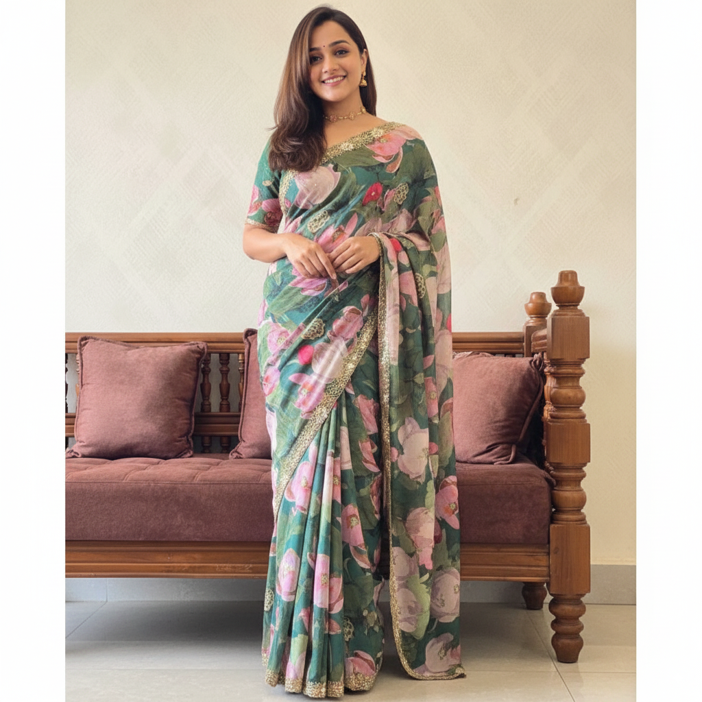 Beautiful Floral Print Tabby Silk Saree by Kritvastra