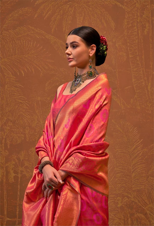 Radiant Rani Red Banarasi Silk Saree with Gold Zari Detailing