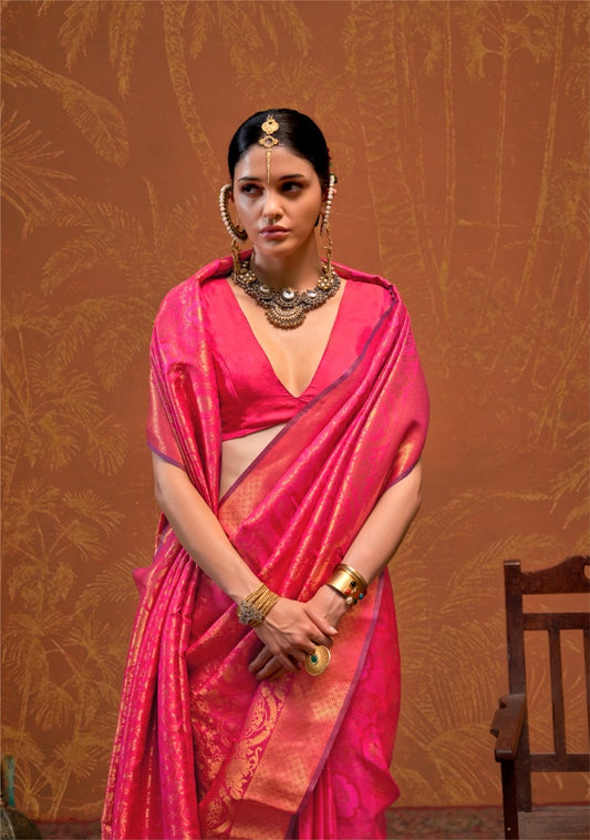 Radiant Rani Red Banarasi Silk Saree with Gold Zari Detailing