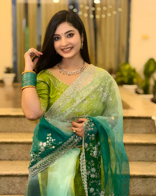 Elegant Green & Teal Organza Silk Saree with Silver Thread Embroidery & Sequin Work