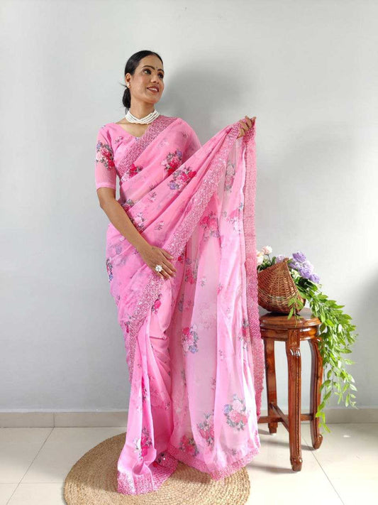 Faux Georgette sequence Floral Printed Saree