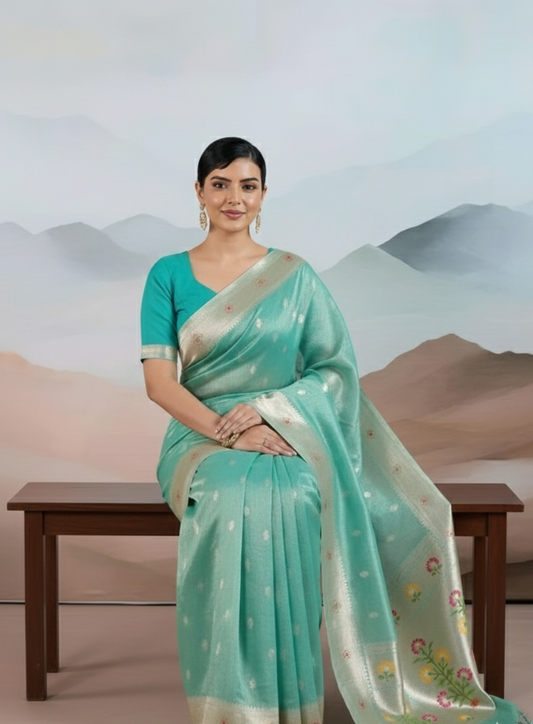 Pure Paithani Tissue Silk Saree in Mint Green with Silver Zari & Floral Weaving
