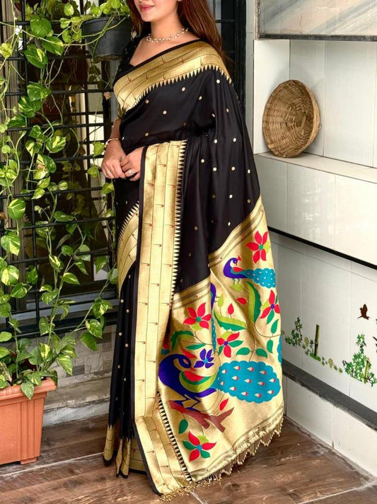 Black Silk Blend Saree with Golden Zari Border & Traditional Motif Pallu