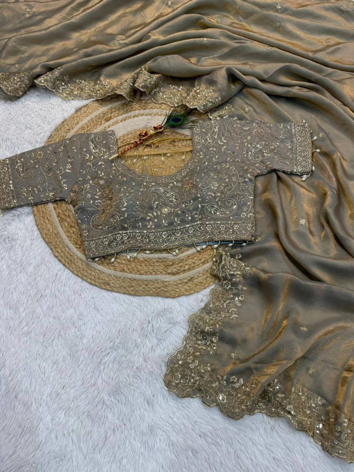 Smoky Grey Silk Blend Saree with Heavy Embroidered Border & Designer Blouse