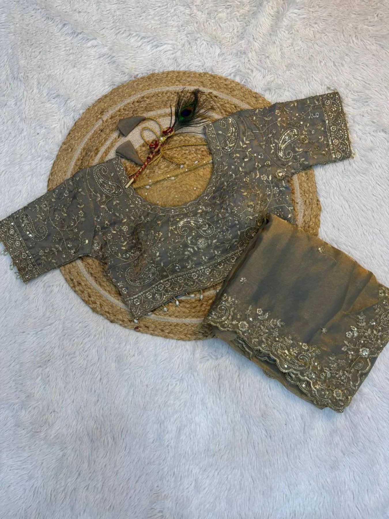 Smoky Grey Silk Blend Saree with Heavy Embroidered Border & Designer Blouse