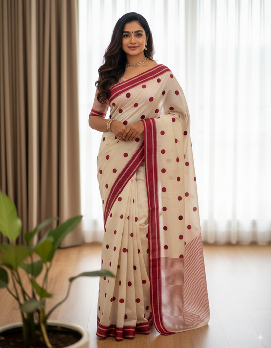 Polka Dot White Tussar Silk Saree by Kritvastra
