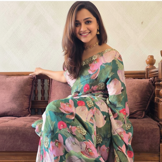 Beautiful Floral Print Tabby Silk Saree by Kritvastra