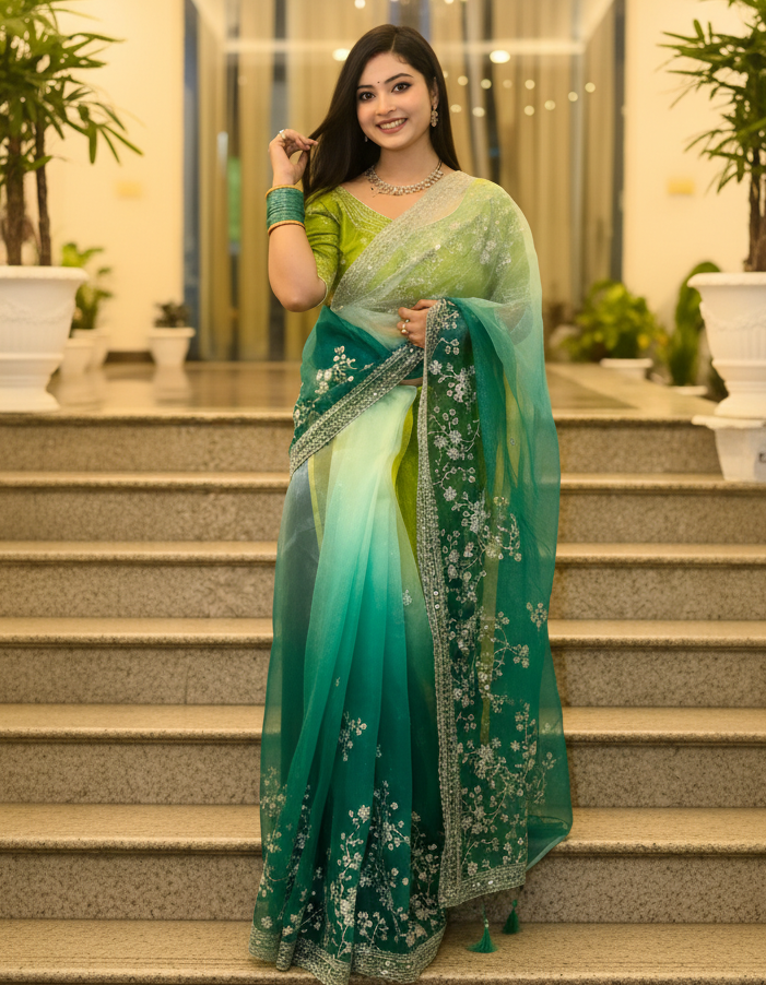 teal gree organza saree