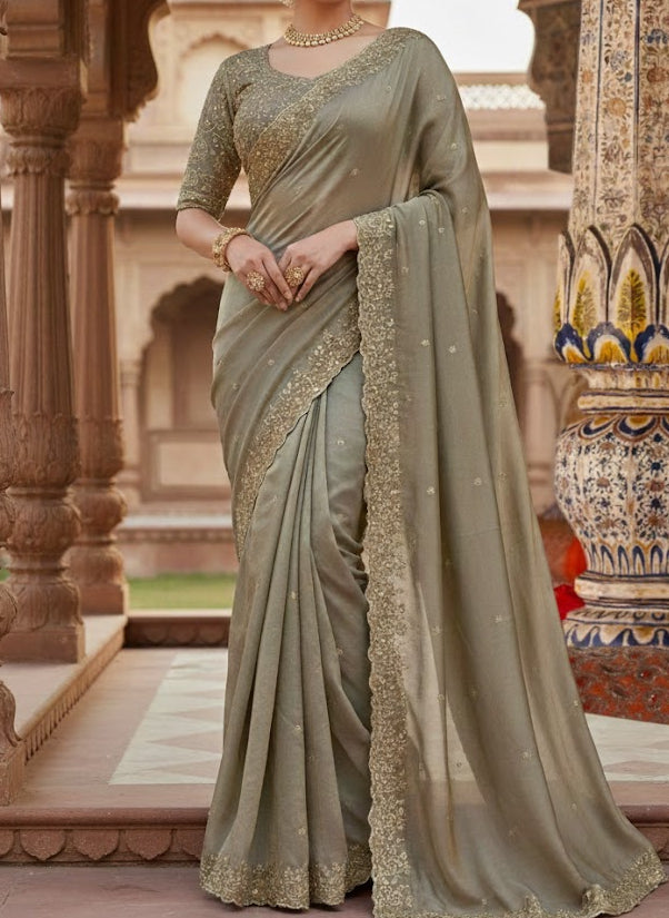 Smoky Grey Silk Blend Saree with Heavy Embroidered Border & Designer Blouse