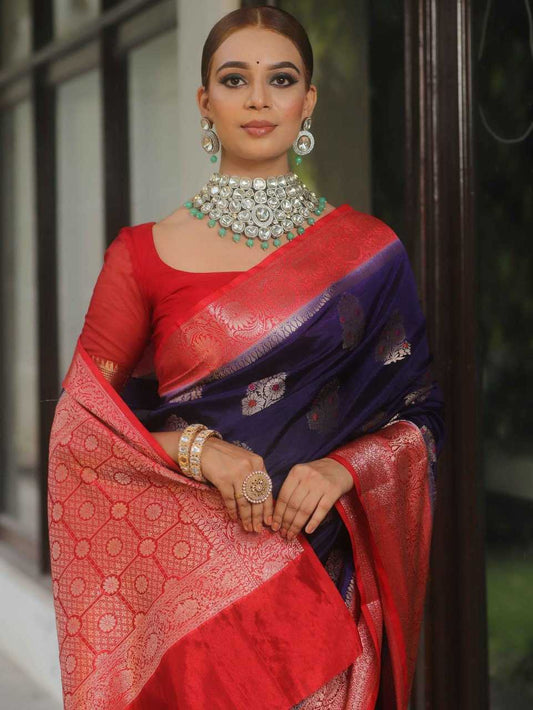Banarasi Soft Silk Saree Blue with Red border With Blouse