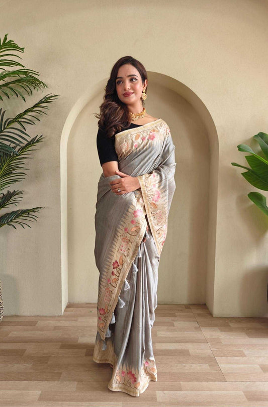 Pure Loom Grey Tussar Saree - Kritvastra Collection