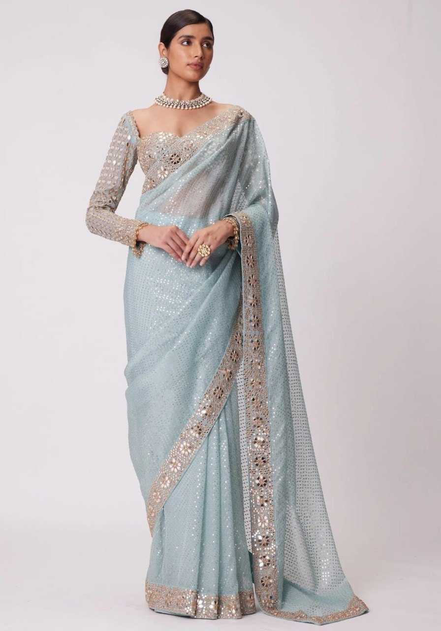 Sky Georgette Embroidery Mirror Work Saree With Blouse