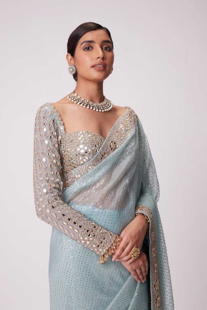Sky Georgette Embroidery Mirror Work Saree With Blouse